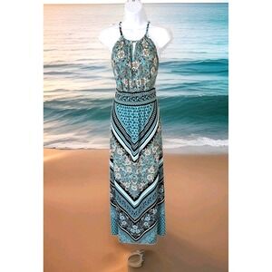 London Style Collection Halter Dress 8 Teal Black Multicolor Floral Maxi Boho